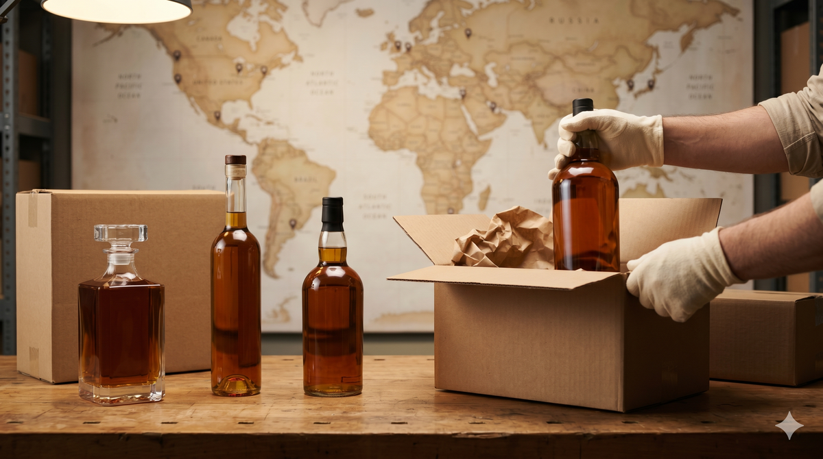 Whisky bottles being packed for shipping from the UK to the USA.